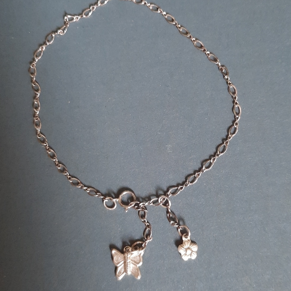 Sterling Silver Butterfly and Flower Anklet